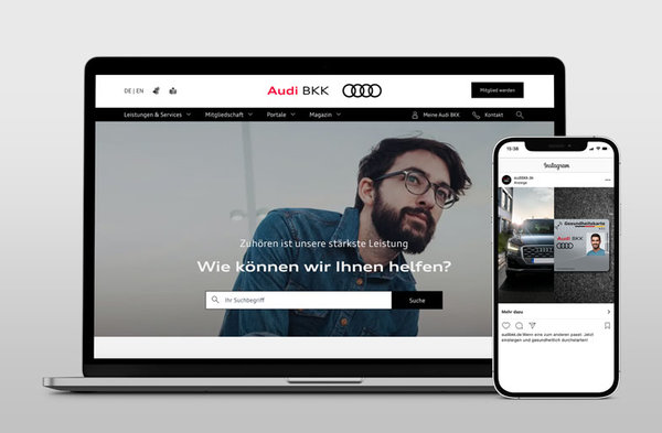 Landingpage und Anzeige von der Audi BKK auf einem Laptop und Smartphone