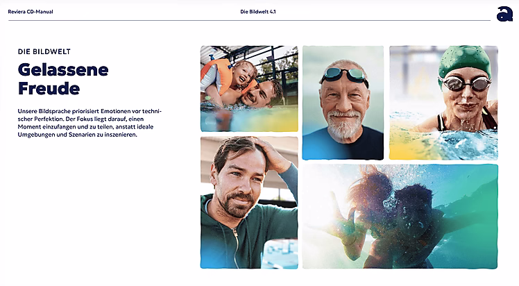 Vier Bilder zeigen Menschen, die Freude und Entspannung am Wasser erleben, einschließlich Schwimmen und Lachen.