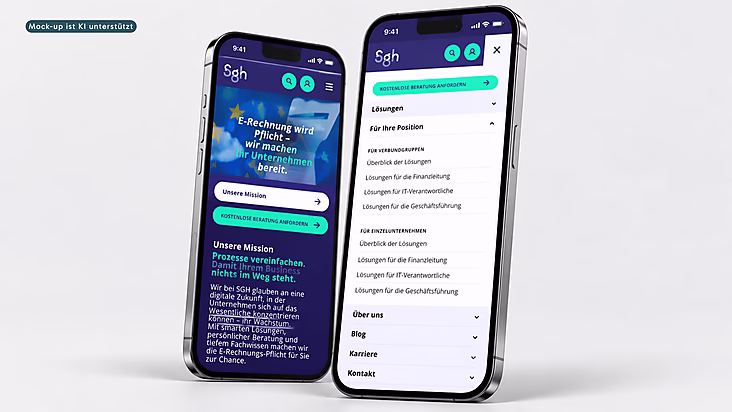 Zwei Smartphones zeigen eine Website mit Informationen zu Dienstleistungen.