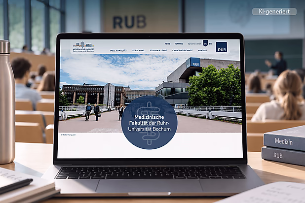 Laptop zeigt die Website der Medizinischen Fakultät der Ruhr-Universität Bochum mit einem Bild des Campus.