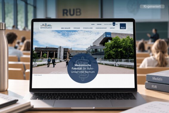 Laptop zeigt die Website der Medizinischen Fakultät der Ruhr-Universität Bochum mit einem Bild des Campus.