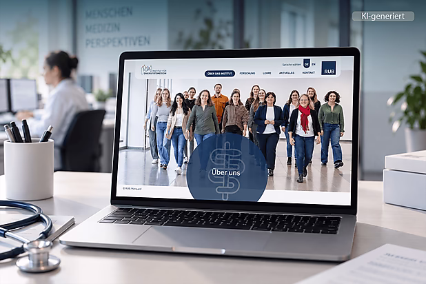 Laptop zeigt eine Website mit einer Gruppe von Frauen, die zusammenstehen, und dem Titel "Über uns". Stethoskop auf dem Tisch.