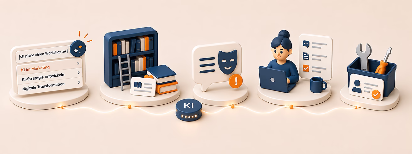 Illustration eines Workshops zur KI im Marketing mit Symbolen für Strategie, digitale Transformation und Tools.