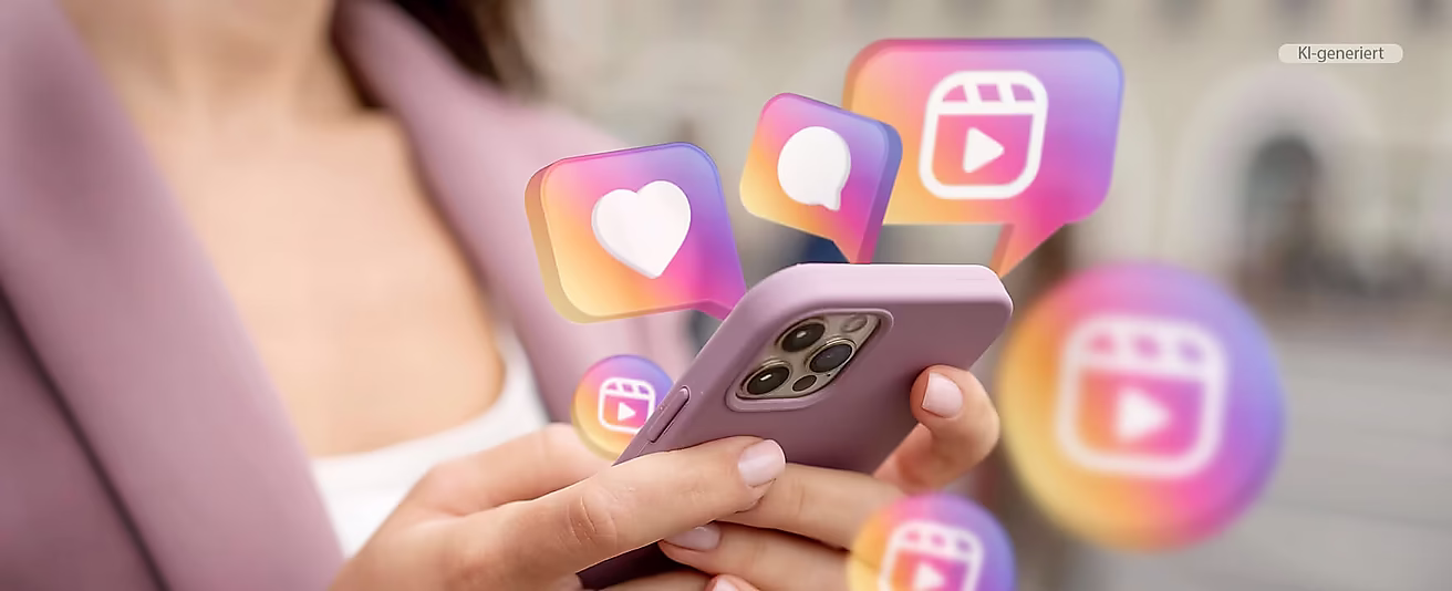 Eine Person hält ein Smartphone, umgeben von bunten Symbolen für soziale Medien, wie Herz und Video-Icons.