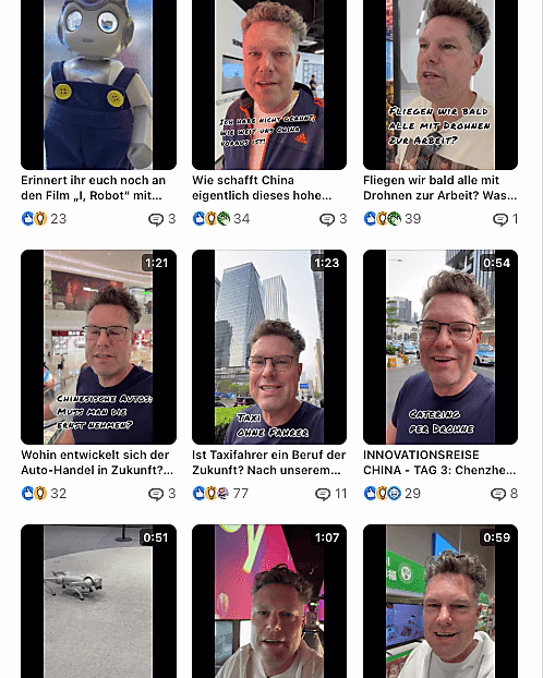 Eine Sammlung von Videos, die verschiedene Themen wie Innovation in China, Automobilhandel und zukünftige Berufe behandelt.