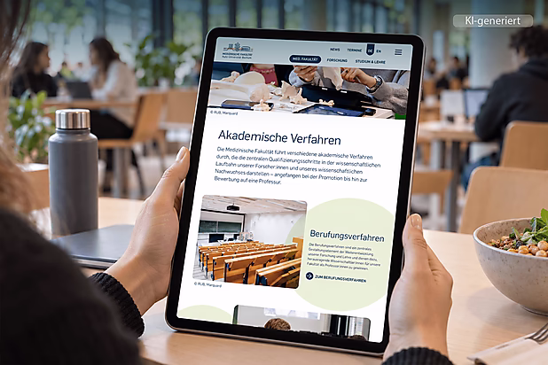 Eine Person hält ein Tablet, auf dem Informationen zu akademischen Verfahren an einer Hochschule angezeigt werden.