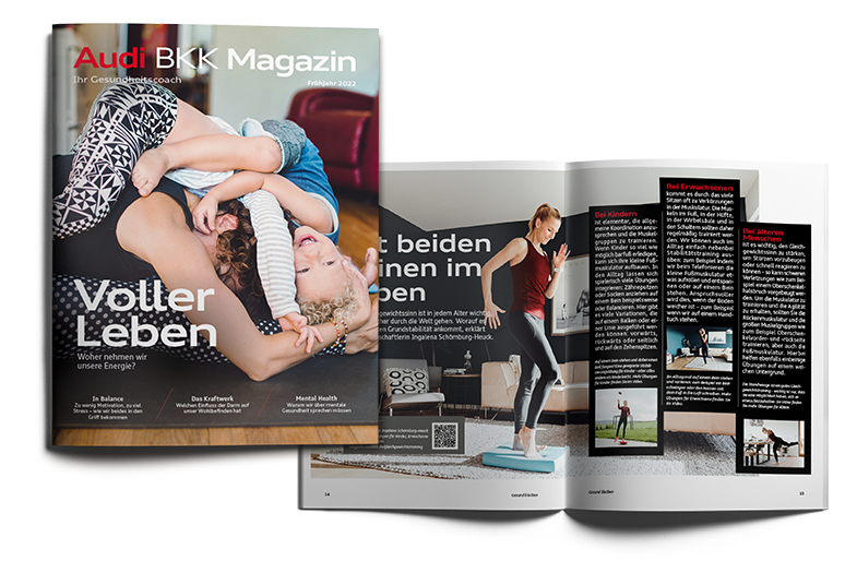 Coverseite und Einblick in das Kundenmagazin der Audi BKK