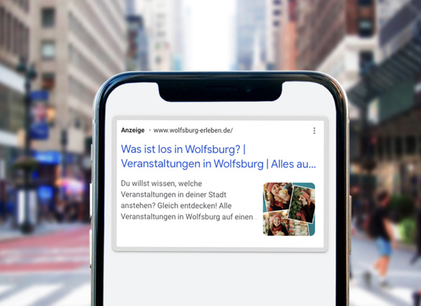 Google Ads Anzeige im Rahmen der Kampagne Wolfsburg erleben auf einem Smartphone